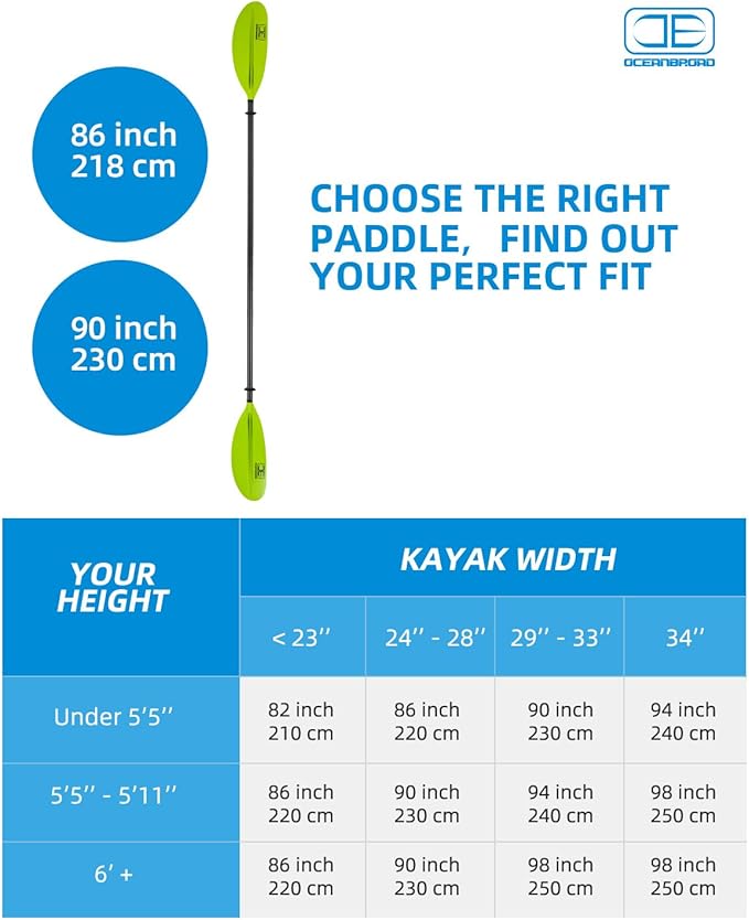 OCEANBROAD Carbon Fiber Kayak Paddle 90.5in/230cm, 86in/218cm for Adults Kayaking Boating Canoeing Oar with Paddle Leash