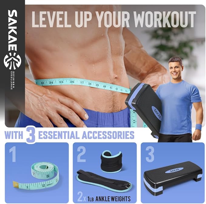 Adjustable Height Aerobic Stepper Set, Multiple Bundle Options with Dumbbells, Kettlebell, Waist Trimmer, Ankle Weights or Weighted Vest, Workout Exercise Step Platform w/Level Risers, 4 Colors