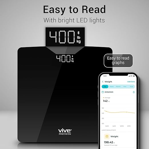 Vive Precision Smart Scale – Digital Bathroom Scale for Body Weight with Bluetooth & Vive App Sync – Accurate Health Monitor for Home, Track via Phone, 400 lb Capacity, Batteries Included (Black)
