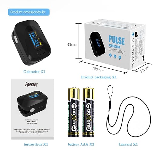 Oximeter, Pulse Oximeter, Oximeter with Alarm, Fingertip Pulse Oximeter, Portable SpO2 Pulse Rate Monitor, Oximetro Batteries and Lanyard (Black)