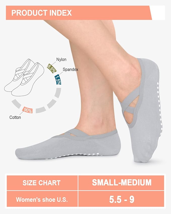 6 Pairs Grip Pilates Socks for Women, Non-slip Yoga Athletic Socks for Barre Ballet Barefoot Workout Hospital