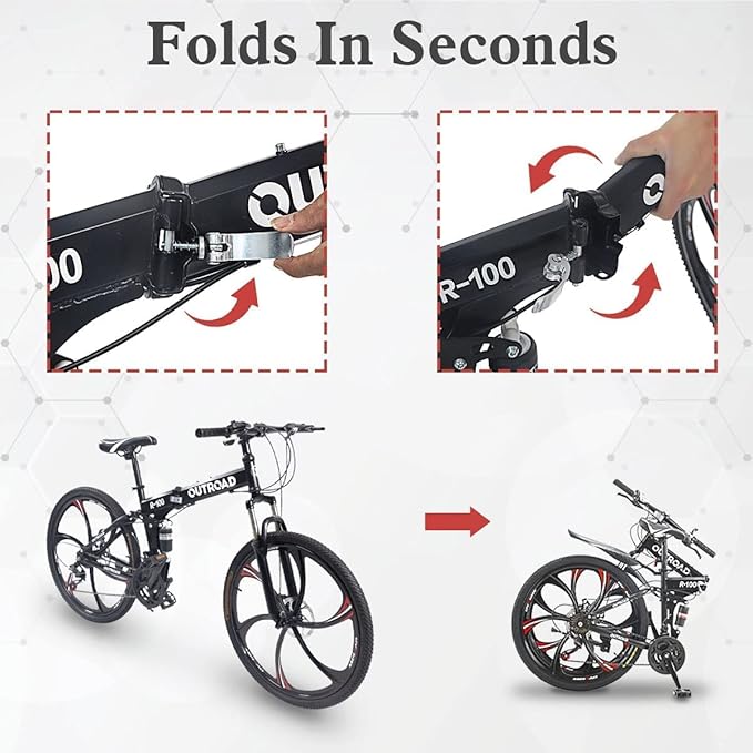 26 ich Folding Mountain Bike, 21 Speed High Carbon Steel Mountain Bike for Adults with 26 Inches Durable Tires, Front Suspension Folding Bicycle for Women and Man