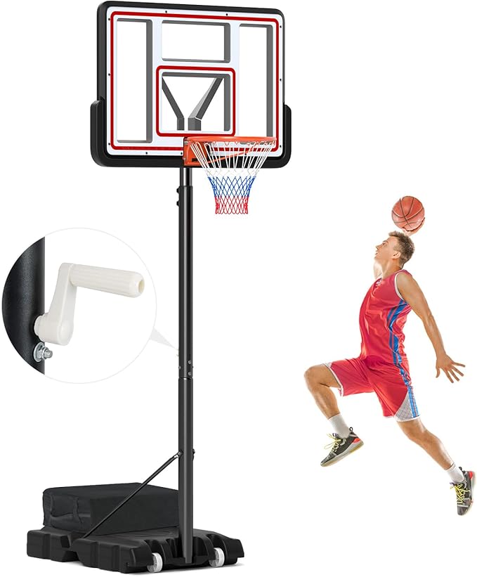 GYMAX Basketball Hoop, 7.4-10 FT Single Hand Rotation Adjustable Basketball Goal with 44” PC Backboard, Fillable Base & Weight Bag, Portable Basketball Hoop for Kids Youth Adults, Backyard Court