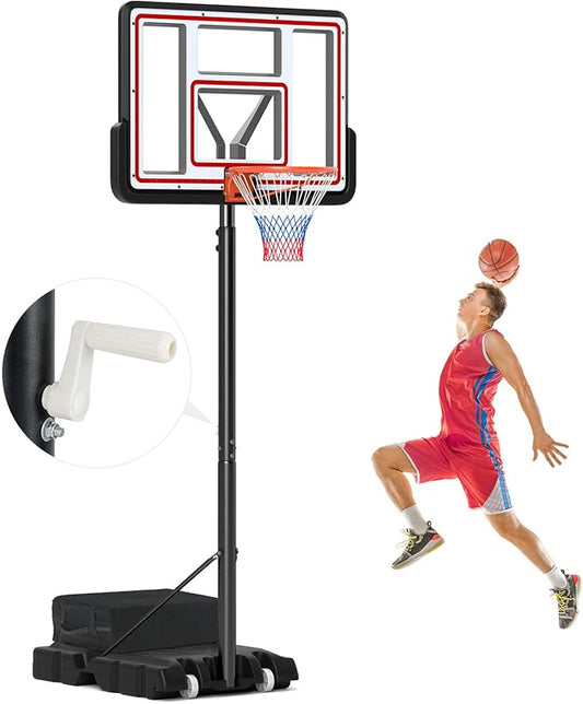 GYMAX Basketball Hoop, 7.4-10 FT Single Hand Rotation Adjustable Basketball Goal with 44” PC Backboard, Fillable Base & Weight Bag, Portable Basketball Hoop for Kids Youth Adults, Backyard Court