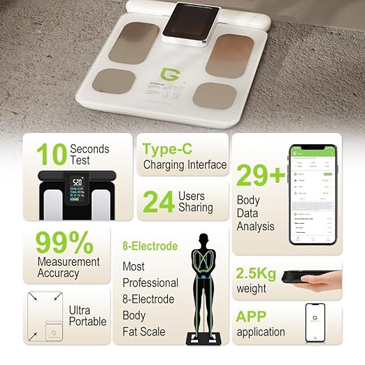 Fitness Body Fat Scales with Hand Sensors 8 Electrodes 29 Body Analysis 180kg Weight Scale, Professional Body Fat and Muscle Mass Analyzer with App/Large Display (White)