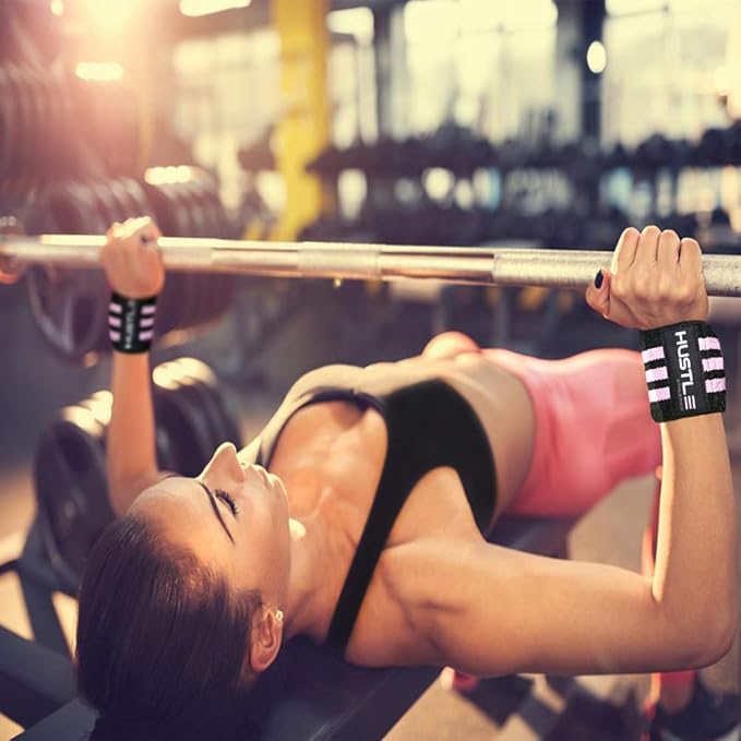 Hustle Athletics Wrist Wraps for Weightlifting, USPA-Approved Wrist Support Weight Lifting Wraps, Premium Hook-and-Loop, 12 in or 18 in Heavy-Duty Cotton-Elastic Support for Powerlifting & Bench Press