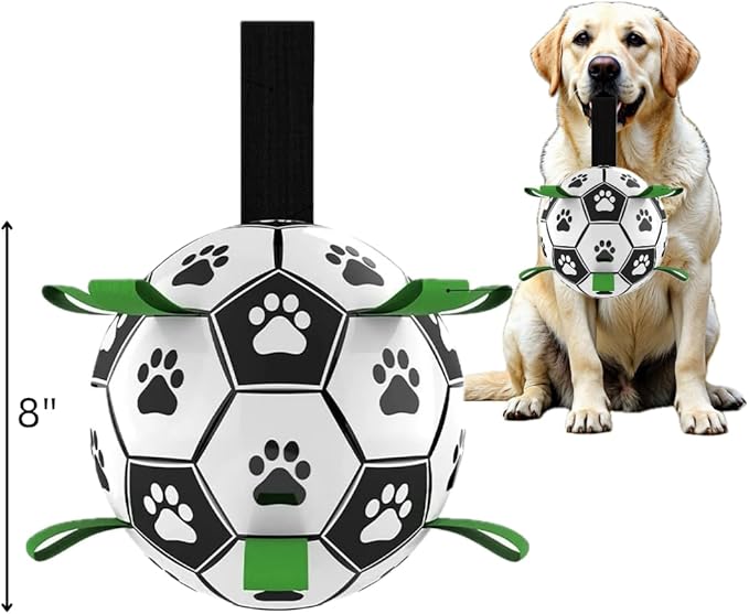 Dog Ball 8 inch - Dog Soccer Ball with Straps, Durable Dog Soccer Ball Indestructible, Perfect Soccer Ball for Dogs with Paw Print, Fun Dog Birthday Gifts - Ideal Dog Soccer Ball Toy
