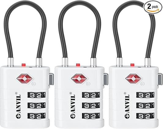 ANVIL TSA Approved Luggage Locks – High Security TSA008 Combination Travel Locks with Inspection Indicator for Suitcases and Backpacks. (3, White)