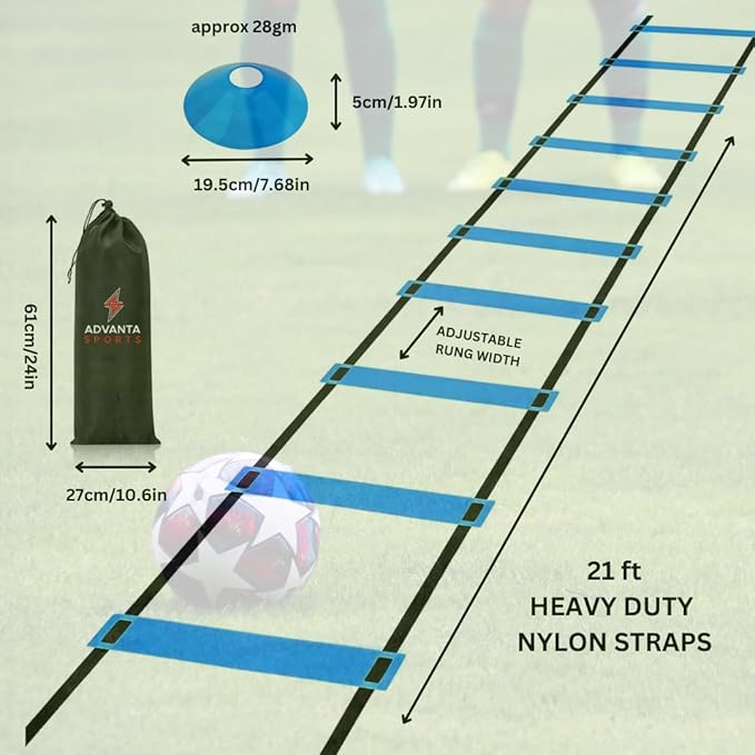 DELUXE EDITION Agility Ladder Training Set - 13 Rung 21ft Agility Ladder w/13 Disc Cones, Carry Bag - Improve Speed & Strength Soccer, Football, Basketball w/4 Steel Pegs for Outdoor Workout Charts