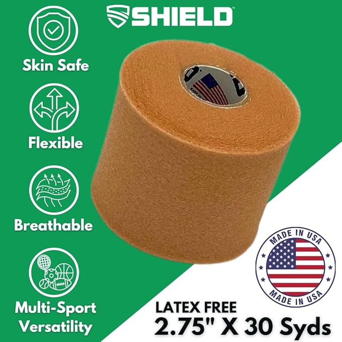 Shield Athletic Underwrap | Bulk Case of 48 Rolls of PreWrap, Hair Tie, Headband, Patellar Support, Pre-Wrap Athletic Tape, 2.75" X 30 SYards, Foam Barrier, Flexible, Breathable (Tan)