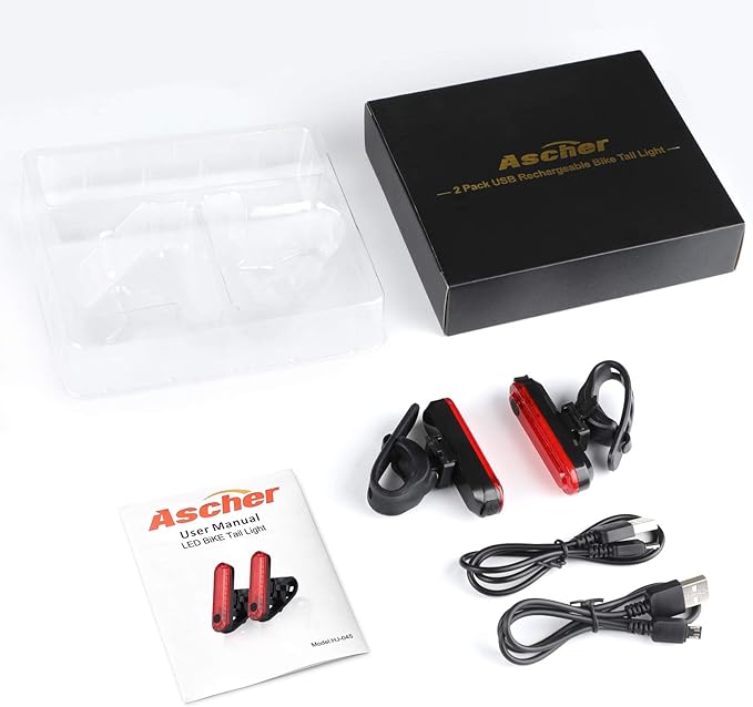 Ascher USB Rechargeable LED Bike Tail Lights 2 Pack, Bright Bicycle Cycling Rear Light, 4 Light Mode Options Safety Bike Light for Adults Kids Men Women Road Mountain(2 USB Cables Included)