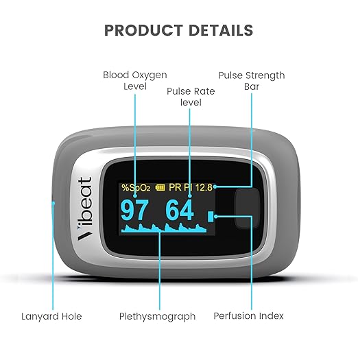 Vibeat Fingertip Pulse Oximeter with Bluetooth, Blood Oxygen Saturation Monitor with APP, Finger SPO2 Meter with Batteries and Lanyard, Gray