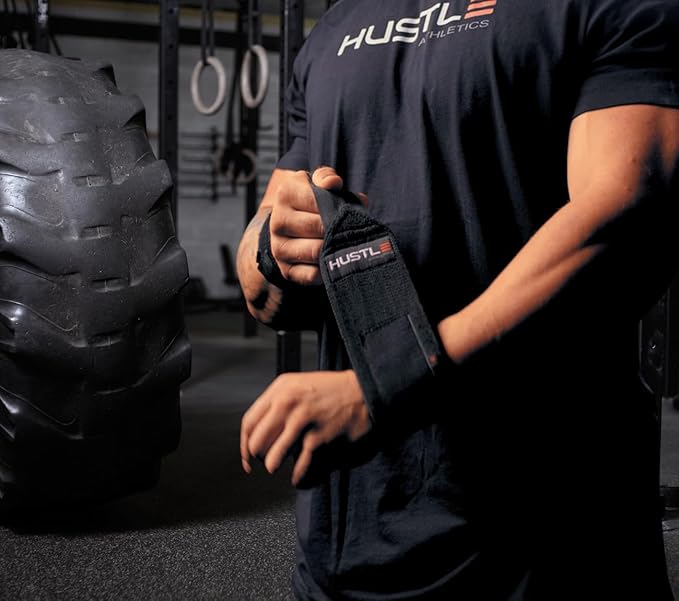 Hustle Athletics Wrist Wraps for Weightlifting, USPA-Approved Wrist Support Weight Lifting Wraps, Premium Hook-and-Loop, 12 in or 18 in Heavy-Duty Cotton-Elastic Support for Powerlifting & Bench Press