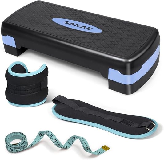 Adjustable Height Aerobic Stepper Set, Multiple Bundle Options with Dumbbells, Kettlebell, Waist Trimmer, Ankle Weights or Weighted Vest, Workout Exercise Step Platform w/Level Risers, 4 Colors