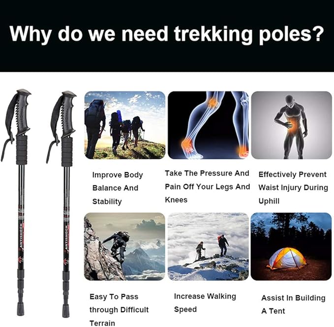 Aihoye Hiking Trekking Poles, 2 Pack Collapsible, Lightweight, Anti Shock, Walking Sticks, Adjustable Hiking Pole for Men and Women