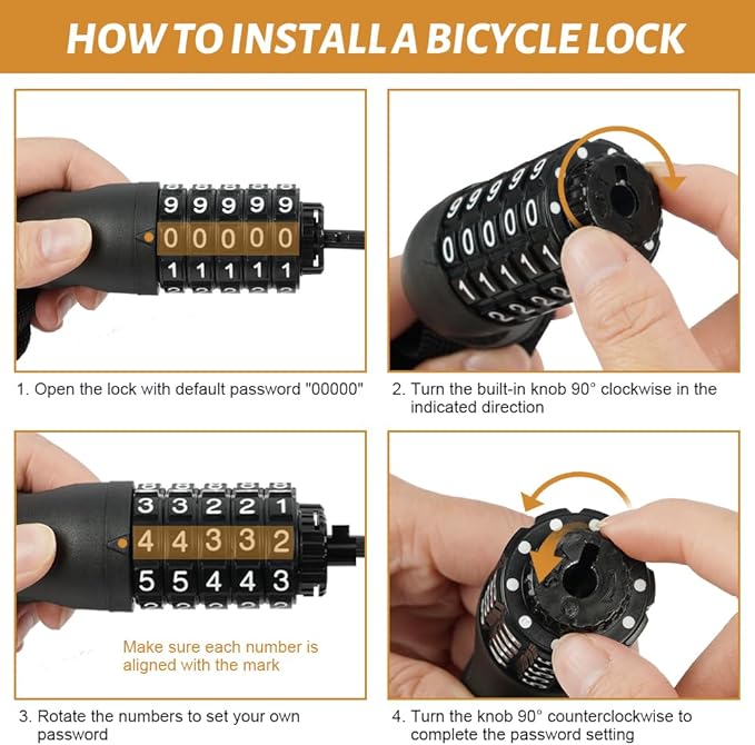 Bike Lock, 2.62/3.28/4ft Long Heavy Duty Anti Theft Bike Chain Lock, 5 Digit Combination High Security Resettable Keyless Bicycle Locks for Bike, Motorcycle, Scooter, Gate, 6mm Thick, Black