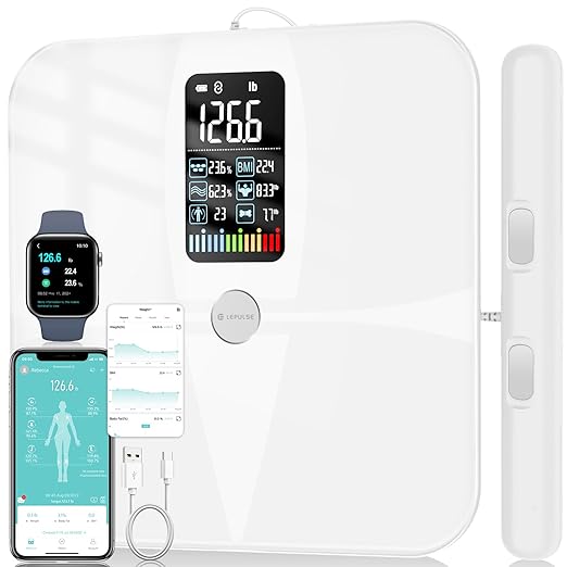 Lepulse 8-Electrode Smart Body Composition Scale, Dual-Frequency BMI & Body Fat Analyzer with Color Display, Fitdays App Sync, Type-C Charging(White)