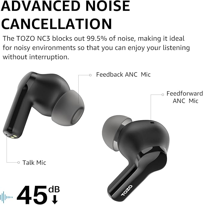 TOZO NC3 Hybrid Active Noise Cancelling Wireless Earbuds with 6 Mics AI Clear Call Ear Buds 55H Playtime with LED Display 32 Preset EQs via APP Bluetooth 5.3 IPX8 Waterproof in Ear Headphones