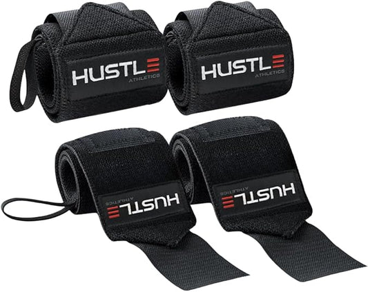 Hustle Athletics Wrist Wraps for Weightlifting, USPA-Approved Wrist Support Weight Lifting Wraps, Premium Hook-and-Loop, 12 in or 18 in Heavy-Duty Cotton-Elastic Support for Powerlifting & Bench Press