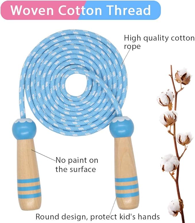 Jump Rope Kids, 7ft Adjustable Cotton Skipping Rope with Wooden Handle for Boys and Girls Fitness Outdoor Exercise