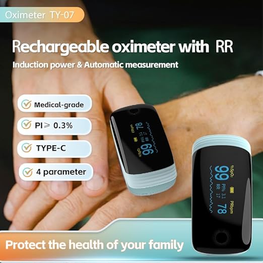 Rechargeable Pulse Oximeter Fingertip Oxygen Monitor Fingertip with SpO2 Pulse Rate and PI RR OLED Precision Fast Oximeter SpO2 Reading Outdoor Sports Home (Blue)
