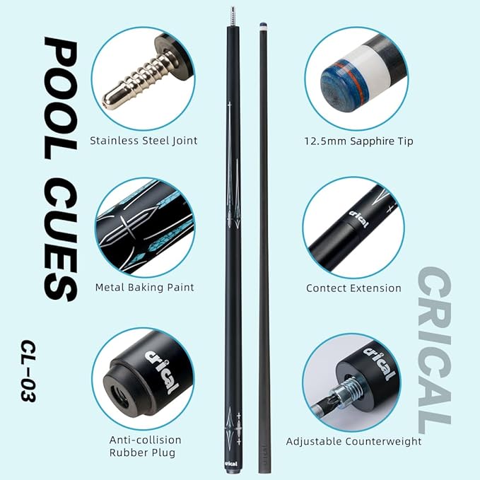 CRICAL Carbon Fiber Pool Cue Stick 58" Billiard Cue Sticks Professional Low Deflection Pool Sticks with 3/8 * 8 Pin Joint and 12.5mm Tip