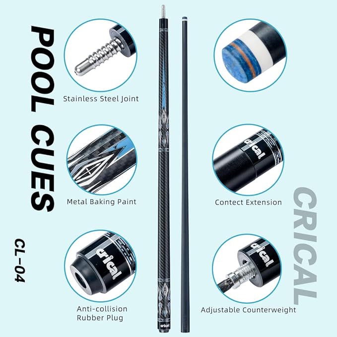CRICAL Carbon Fiber Pool Cue Stick 58" Billiard Cue Sticks Professional Low Deflection Pool Sticks with 3/8 * 8 Pin Joint and 12.5mm Tip