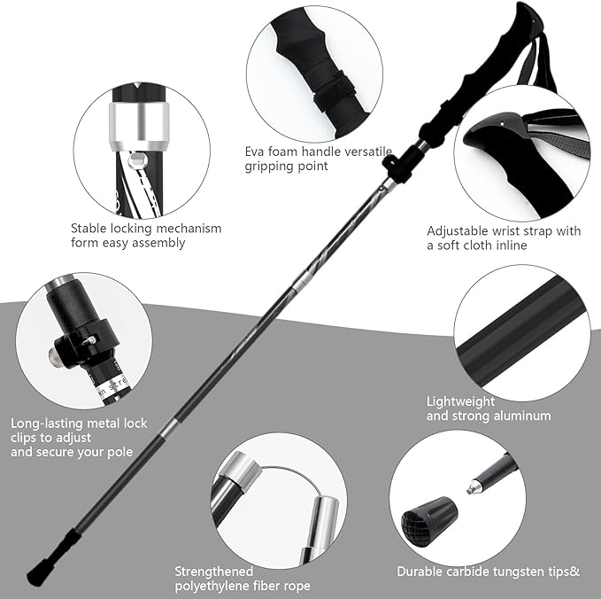 BISINNA Hiking Poles Collapsible Trekking Poles Aluminum Alloy Hiking Sticks 2 pc Lightweight Adjustable Folding Stick for Wowen Men Walking Sticks with Quick Lock System