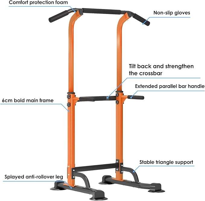 Dland Power Tower Pull Up Bar Dip Station and Height Adjustable Dip Bar Stand, Multi-Function Home Gym Exercise Equipment Strength Training Fitness Workout Station