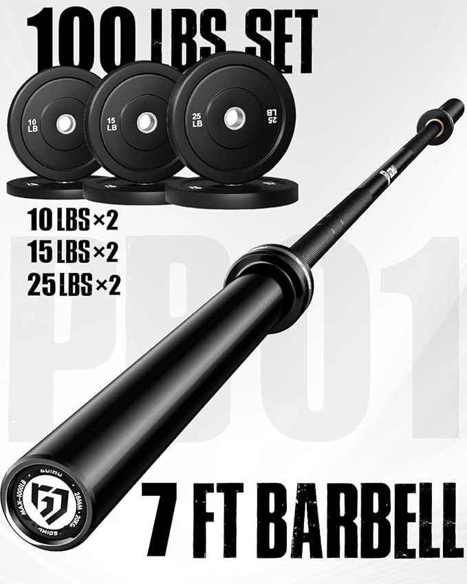 PB01 7FT Olympic Barbell, Weight Bar with Knurled Grip, 1000lb Capacity Strength Training Deadlift Bar for Squat, Weightlifting, Bench Press, Fits 2-inch Standard Weight Plates