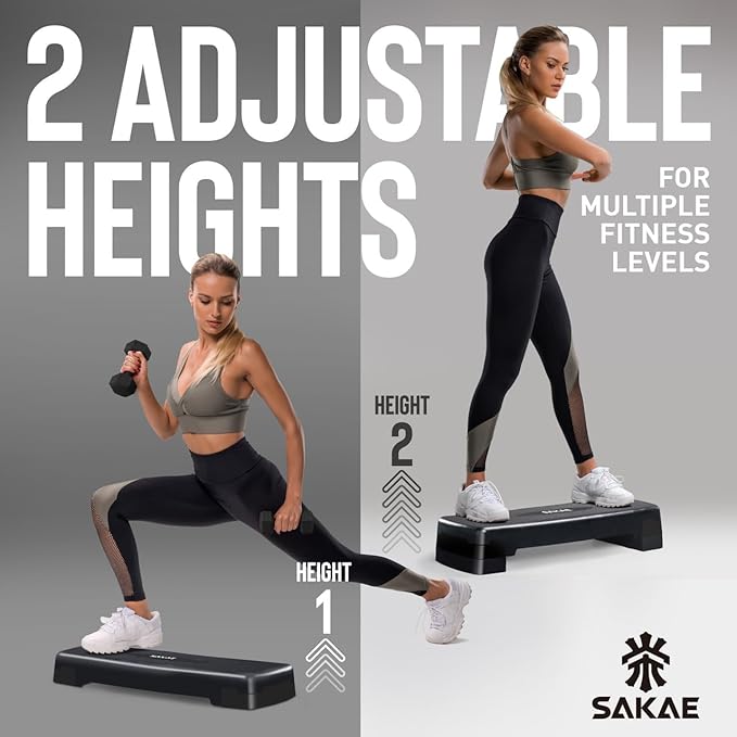 SAKAE Aerobics Step Platform Set with Weighted Vest & Measuring Tape, Adjustable Height 2 Level Risers Workout Step Trainer with Non-Slip Surface, Step Platform for Home Exercise, Multiple Colors