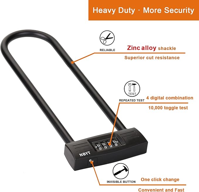 U Bike Lock - Heavy Duty Combination Lock for Motorcycle Wheel, Office Door, Fence & Gate - Resettable, Long Combination U-Lock in Black - Steel/Zinc/PVC Construction - 13.78 x 4.7 x 1.1 Inches