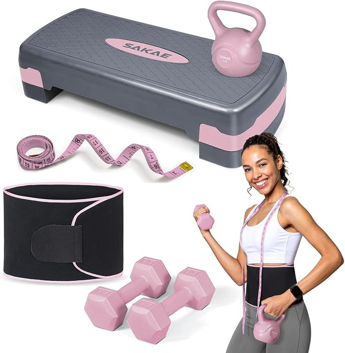 Adjustable Height Aerobic Stepper Set, Multiple Bundle Options with Dumbbells, Kettlebell, Waist Trimmer, Ankle Weights or Weighted Vest, Workout Exercise Step Platform w/Level Risers, 4 Colors