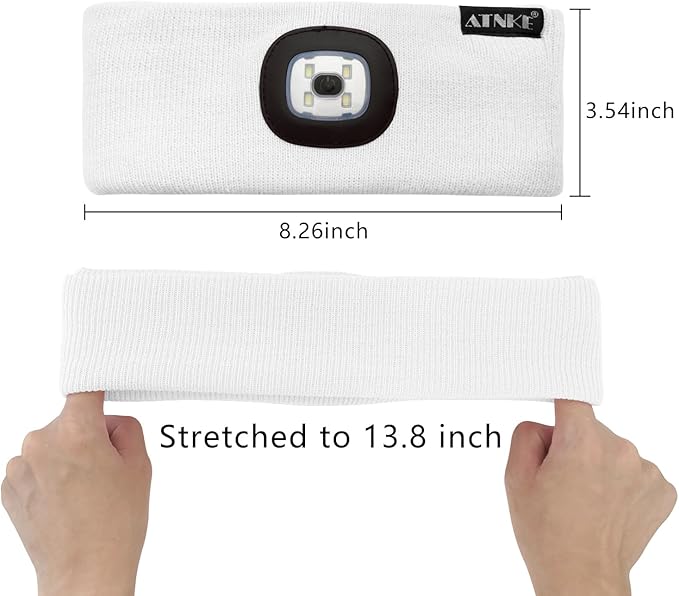 ATNKE 4 LED Lighted Sport Sweatband,USB Rechargeable Running Head Band Lamp High Stretch Wicking Gifts for Men and Women