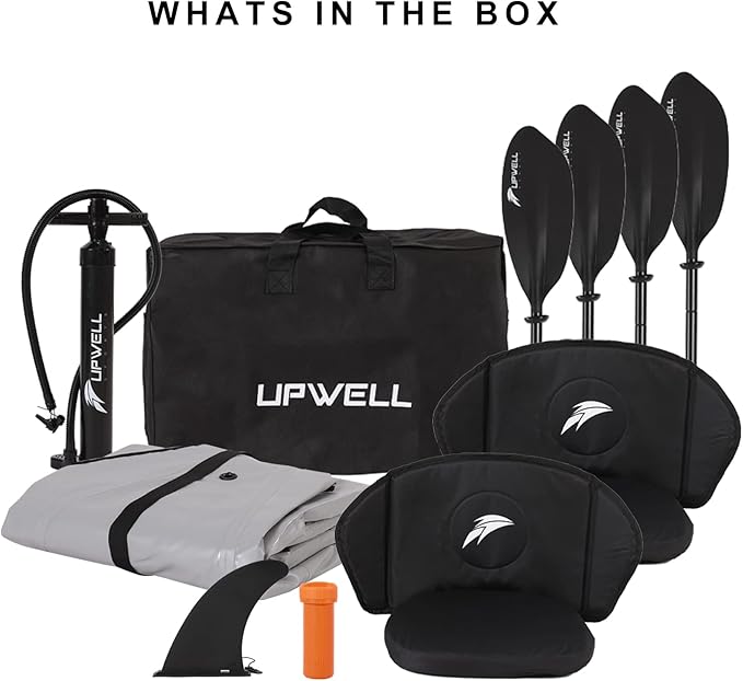 UPWELL 13'6”/11' Inflatable Recreational Kayak - 2 Person with Drop Stitch Floor and Accessories Including Kayak Seats with High Back Support, Paddle, Fin, Repair Kits, Carry Bag and Hand Pump