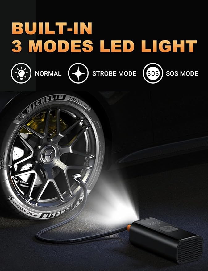 Tire Inflator Portable Air Compressor, 150 PSI Cordless Air Pump with Digital Pressure Gauge Auto Shutoff LED Lights for Cars Motorcycles Bikes Balls