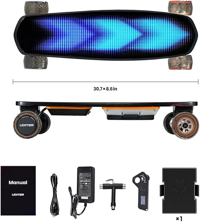 Pixel Mini Electric Skateboard with Remote, 2 × 600W Motors, 28Mph Top Speed, 4 Speed Smooth Braking, Suitable for Adults and Teens Beginners, LED Screen Electric Skateboards