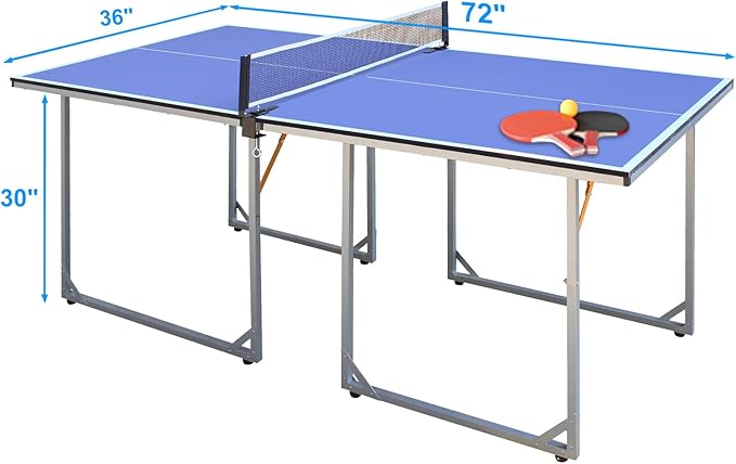 Compact Ping Pong Table, 6ft Mid-Size Indoor/Outdoor Table Tennis Game Set, Foldable, Portable Table Tennis Table with Net, 2 Table Tennis Paddles and 3 Balls