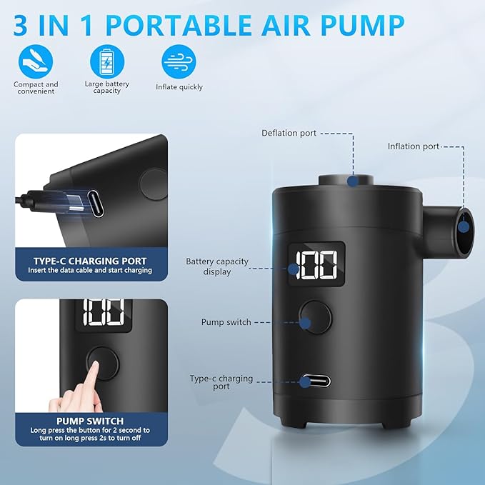 Portable Electric air Pump,Type-c Charging,Inflate Deflate for Pool Floats, Air Bed, Air Mattress Swimming Ring, Vacuum Storage Bags