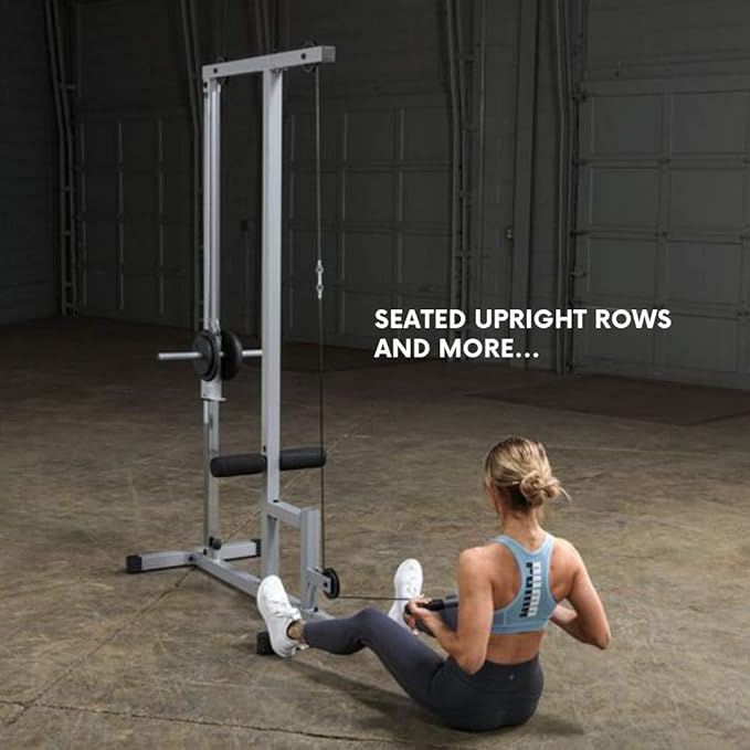 Powerline by Body-Solid LAT Pull Down Machine - Home Gym with High & Low Pulleys, Heavy Gauge Steel Construction, Includes LAT and Low Row Bars, Silver/Black