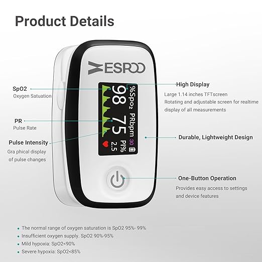 ESPOO Pulse Oximeter with 20 Memory, Oxygen Monitor Fingertip 4 Color TFT Display(SPO2), Alarm & Brightness Adjustable, Batteries & Lanyard Include(White&Black)