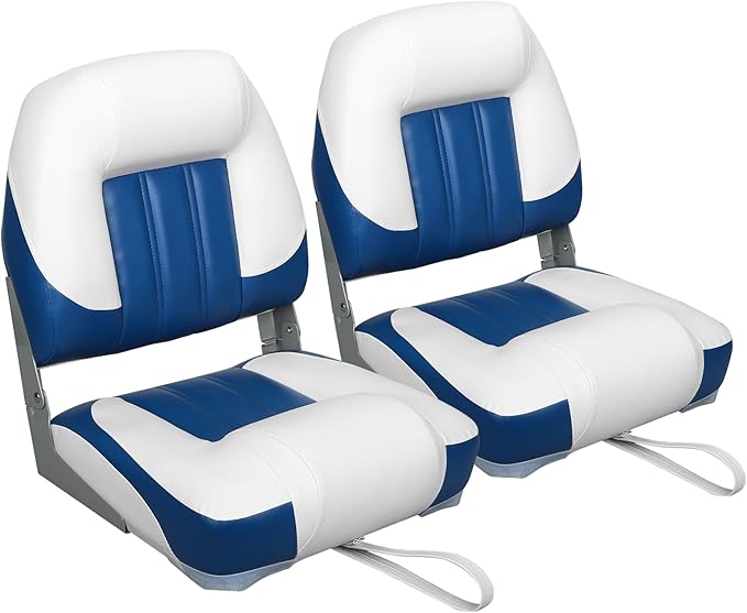 Elite Folding Boat Seat Low Back Boat Seating Fold-Down Fishing Boat Seat, 2 Pack, White/Blue