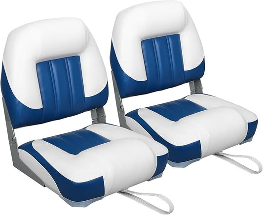 Elite Folding Boat Seat Low Back Boat Seating Fold-Down Fishing Boat Seat, 2 Pack, White/Blue