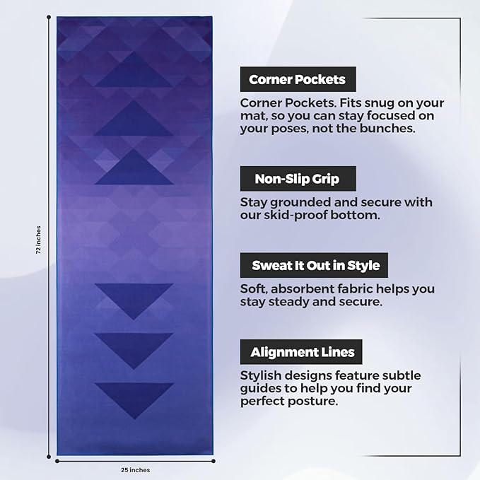 Yoga Drip Yoga Towel - Non Slip Hot Yoga Mat Towel With Corner Pockets, No-Skid Grip, and Built-in Alignment Lines | Soft, Moisture Wicking, and Sweat Absorbent | No Bunching, Stays in Place 72" x 25"