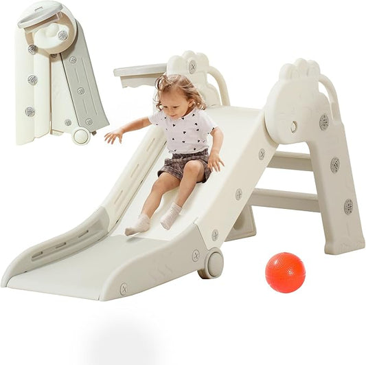 Toddler Slide, Indoor Slide for Toddlers Age 3+, Climber Freestanding Playset with Basketball Hoop, Easy to Store and Set Up, Gray