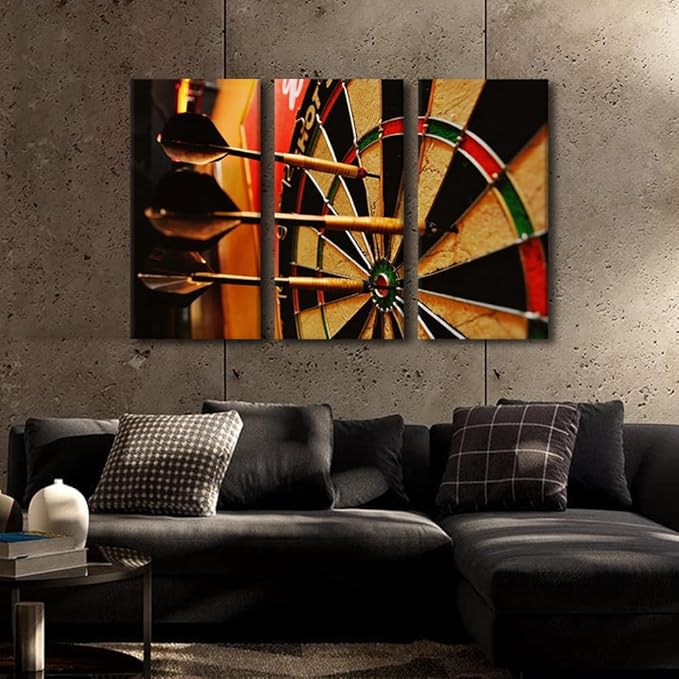 TUMOVO 3 Pieces Modern Home Decoration Inspirational Wall Art, Dart Hits the Bullseye Picture Sports Theme Painting Print on Canvas Contemporary Artwork Stretched Wood Frame Ready to Hang(24" Wx36 H)