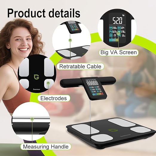 Fitness Body Fat Scales with Hand Sensors 8 Electrodes 29 Body Analysis 180kg Weight Scale, Professional Body Fat and Muscle Mass Analyzer with App/Large Display (Black)