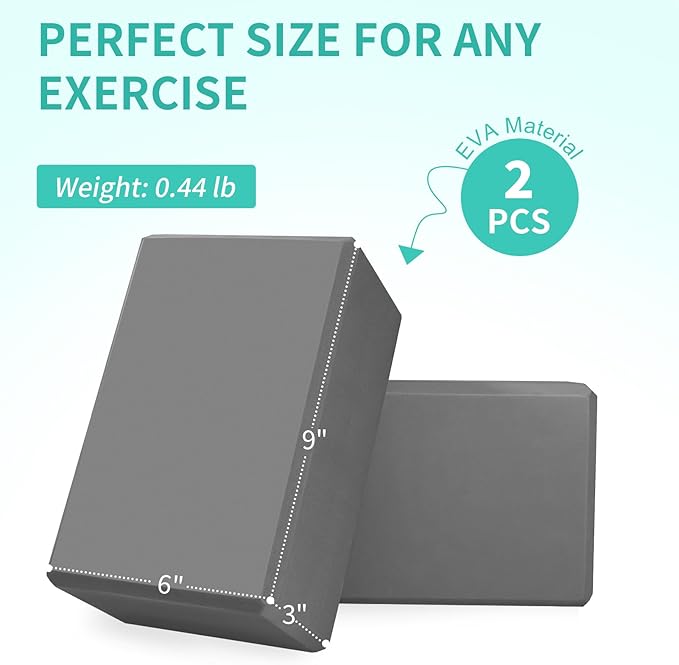 Yoga Block 2 Pack 9"x6"x3", Sturdy Yoga Foam Blocks, High Density & Non Slip Surface for Pilates & Stretching, Fitness Accessories for Stability & Balance