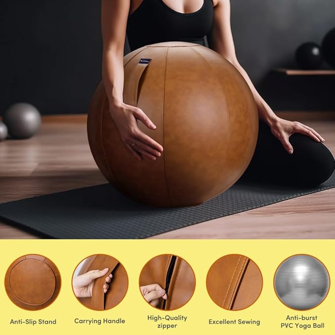 LifeSpan Fitness Yoga Exercise Ball Chair - Fitness Ball for Workout, Birthing Ball for Pregnancy, Exercise Ball Chair for Office, Balance Ball Chair (Caramel Leather, 25 Inch)