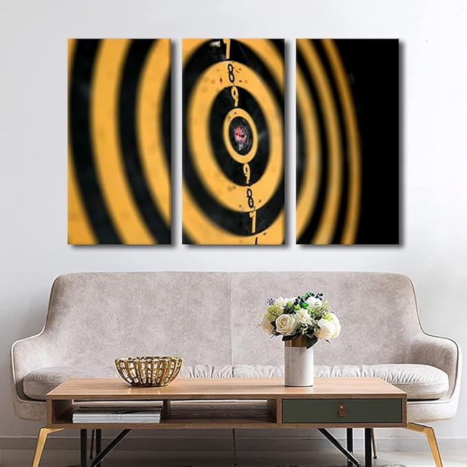 3 Panel Wall Art Yellow Retro Dart Plate Poster on Canvas Framed Art Sports Theme Paintings Home Decor Dart Plate Artwork Picture Print for Modern Home Decoration Framed Ready to Hang(28" Wx42 H)